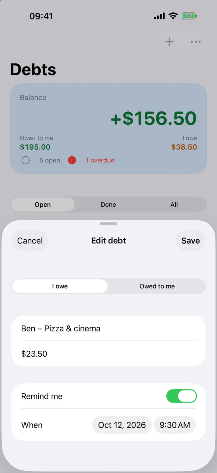 Editing a debt with reminder